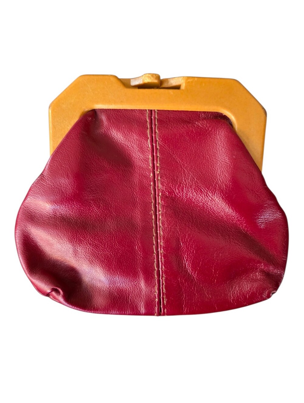 Vintage Red Leather Wood Kissslock Change Purse
